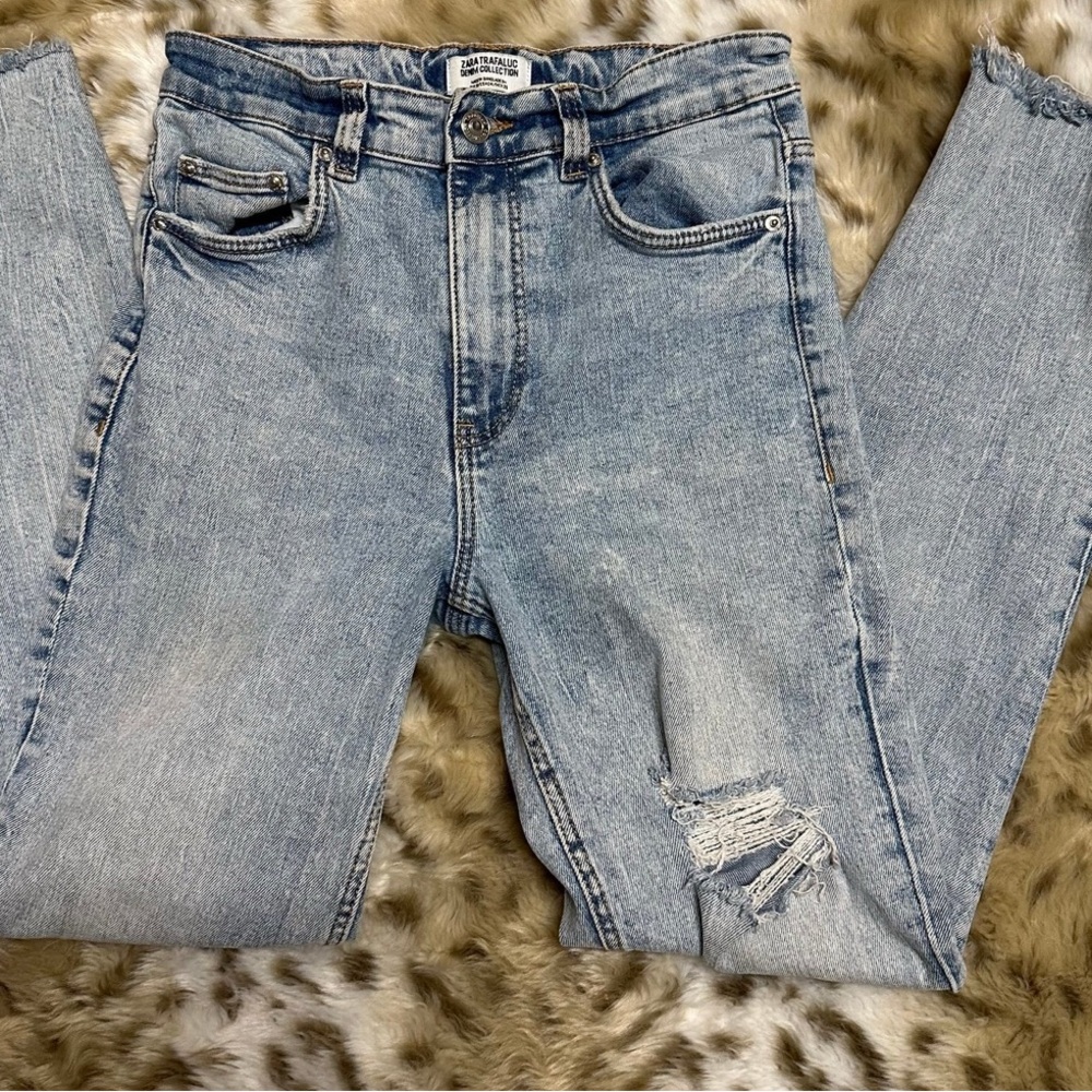 Zara Light Blue High Rise Distressed Jeans